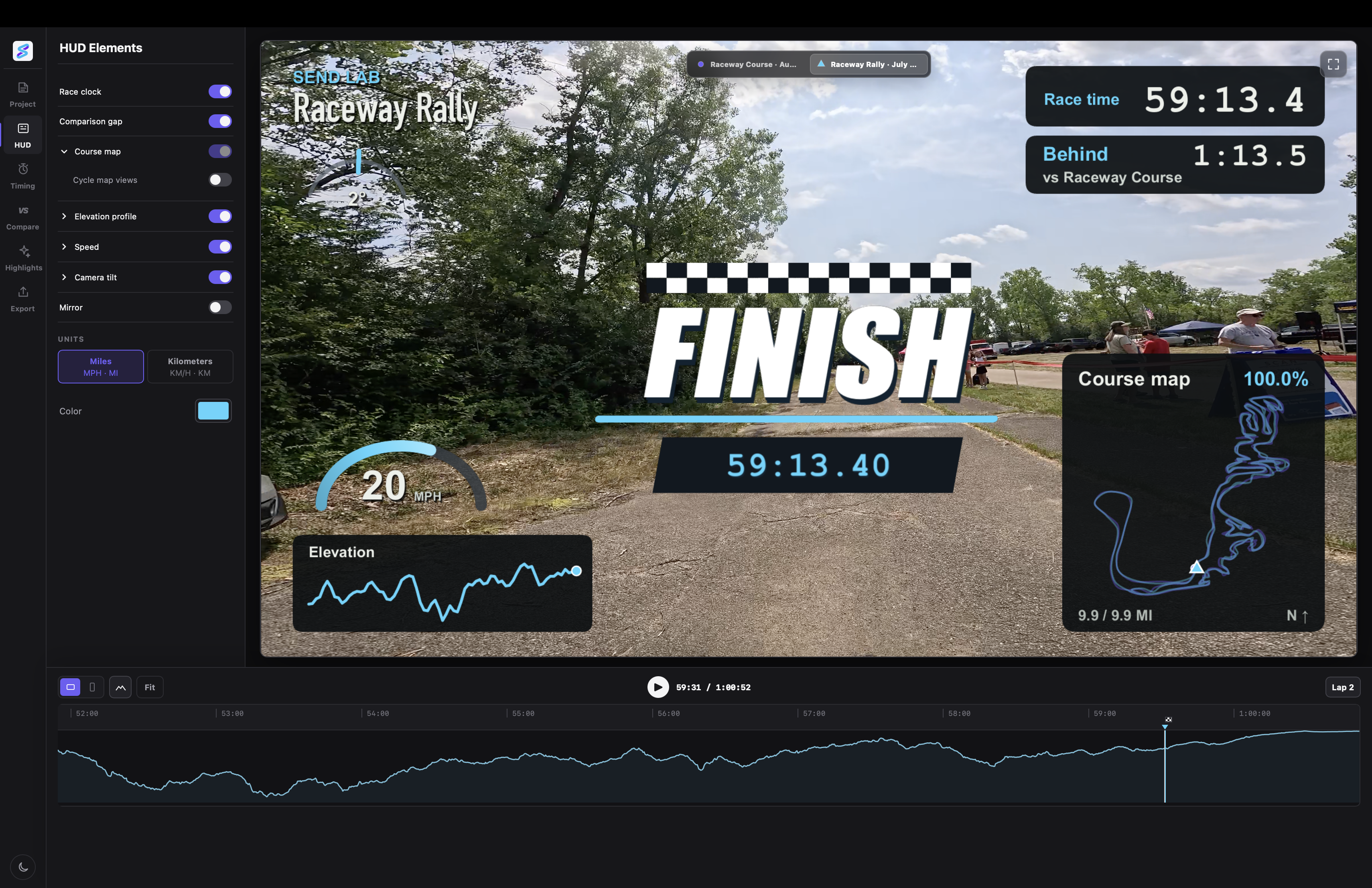 Send Lab editor showing Raceway Rally at the finish with a cyan finish graphic, time 59:13.40, and Course Map at 100 percent