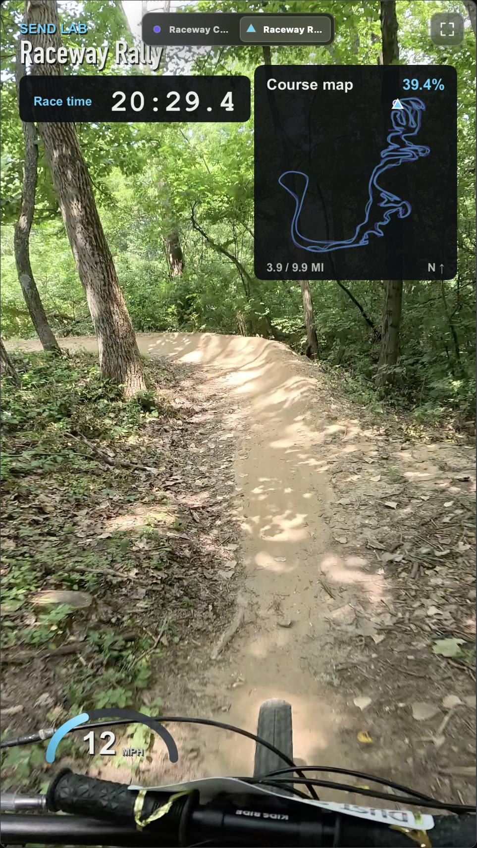 Vertical preview of Raceway Rally showing the cyan Course Map, race clock at 20:29.4, and speed of 12 MPH